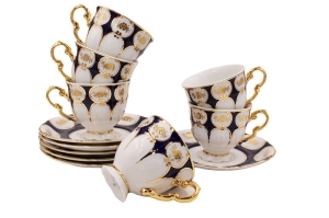 Набор чашек с блюдцем 0,15 л, (6 шт). Золотой цветок, кобальт арт.07160414-0443